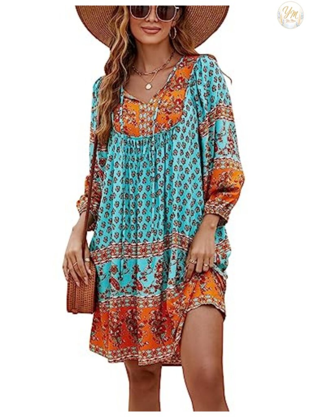 Women's 3/4 Sleeve V-Neck Casual Floral Babydoll Dress